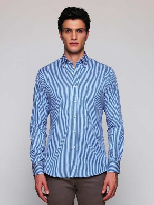 Camisa casual de hombre manga larga rayas - Azul