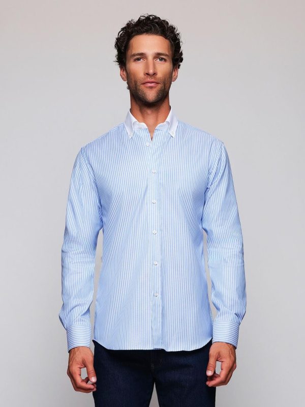 Camisa casual de hombre rayas cuello blanco con botones - Azul claro