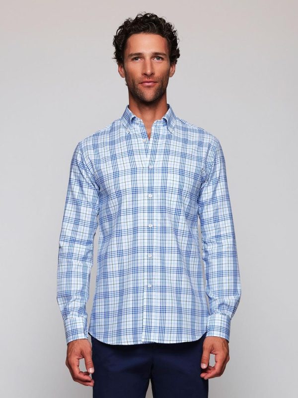 Camisa casual de hombre cuadros cuello con botones - Azul