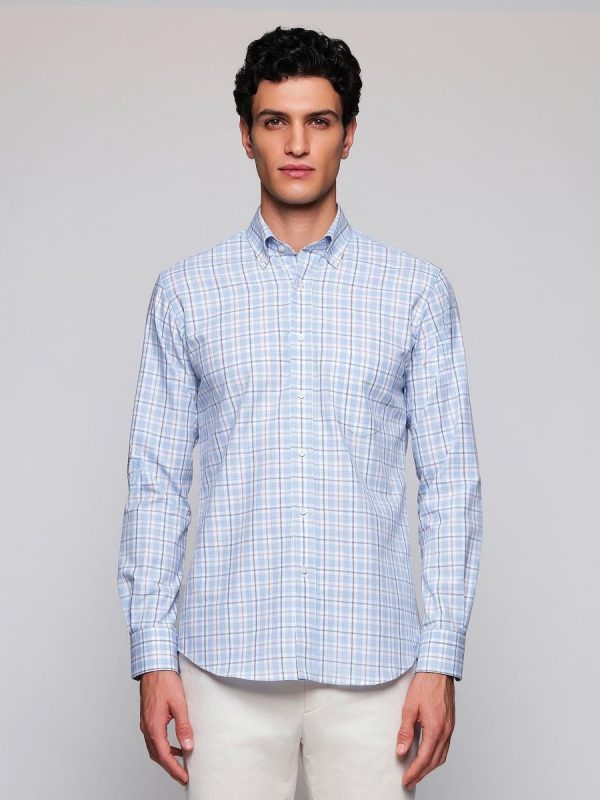 Camisa casual de hombre cuadros cuello con botones - Azul claro
