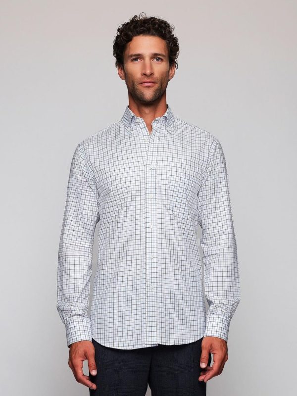 Camisa casual de hombre cuadros cuello con botones - Azul claro