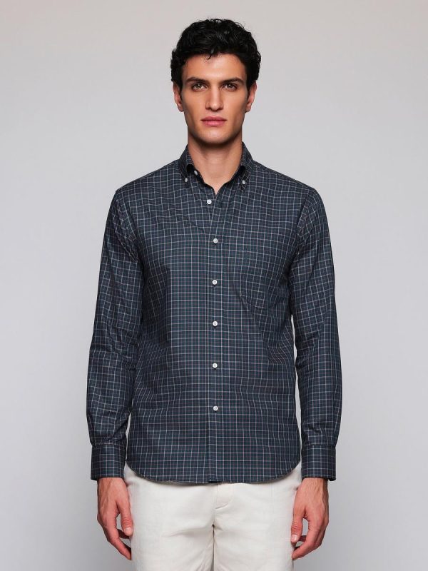 Camisa casual de hombre cuadros cuello con botones - Verde oscuro