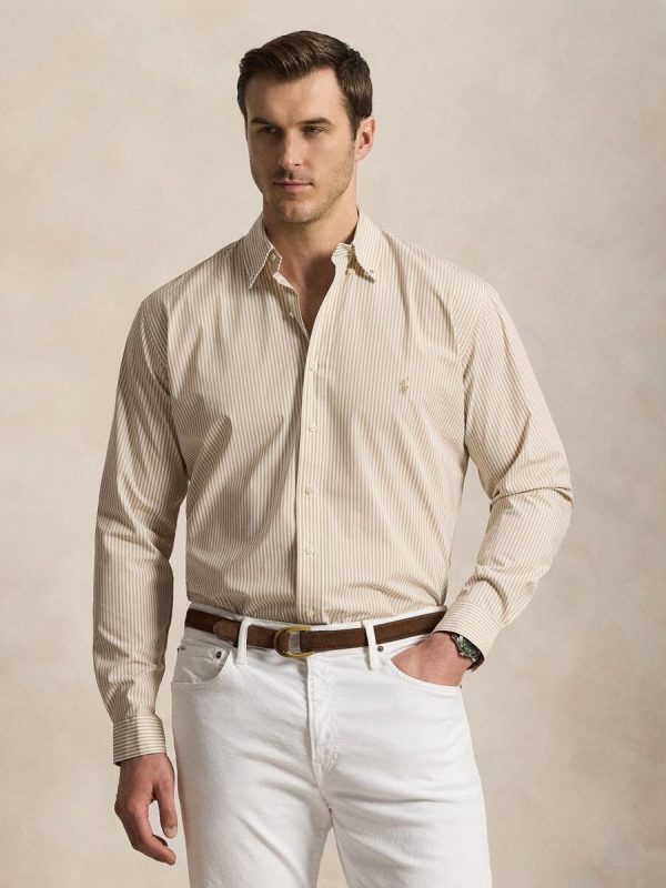 Camisa de hombre de popelina elástica con rayas Marrón Nuez Moscada - Beige