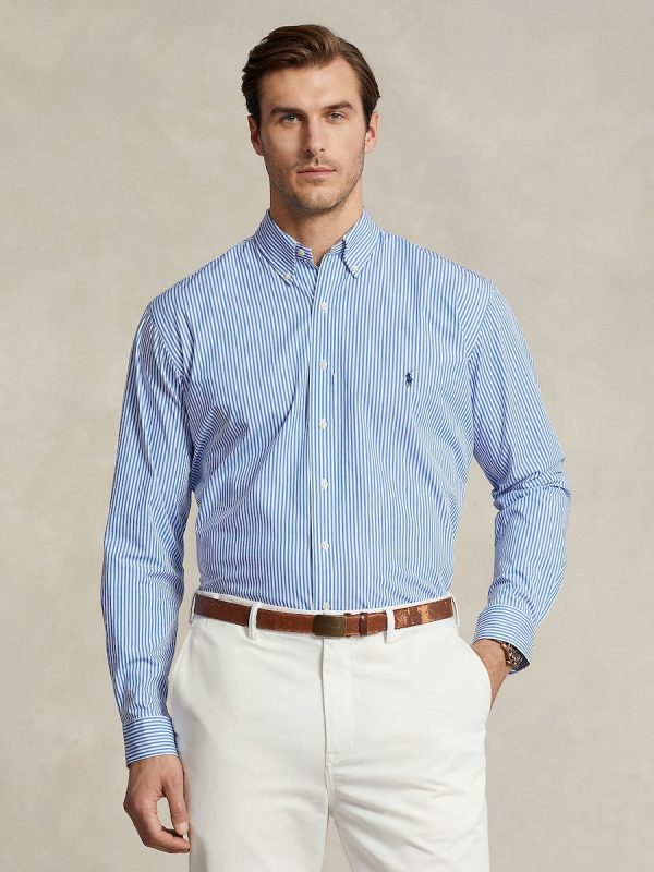 Camisa de hombre de popelina elástica con rayas Marrón Nuez Moscada - Azul claro