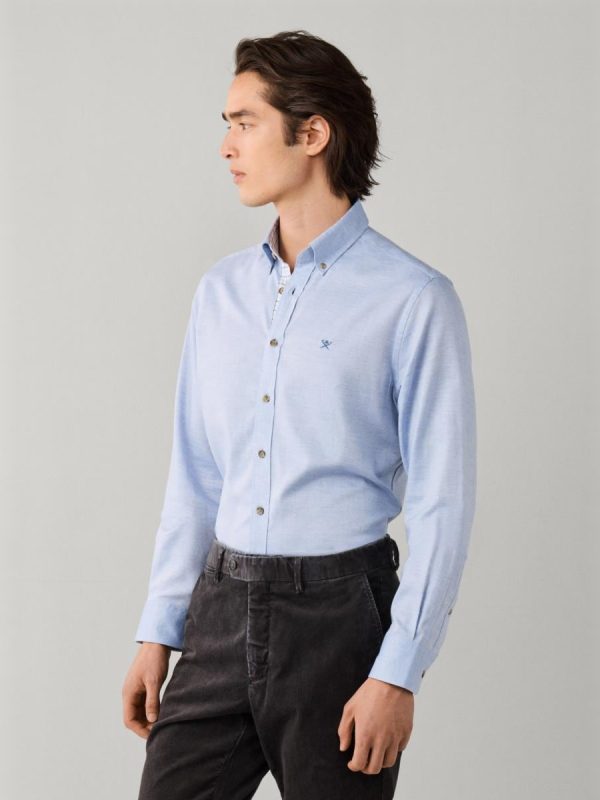 Camisa de hombre franela múltiples ribetes classic fit y logo tallas grandes. - Azul claro