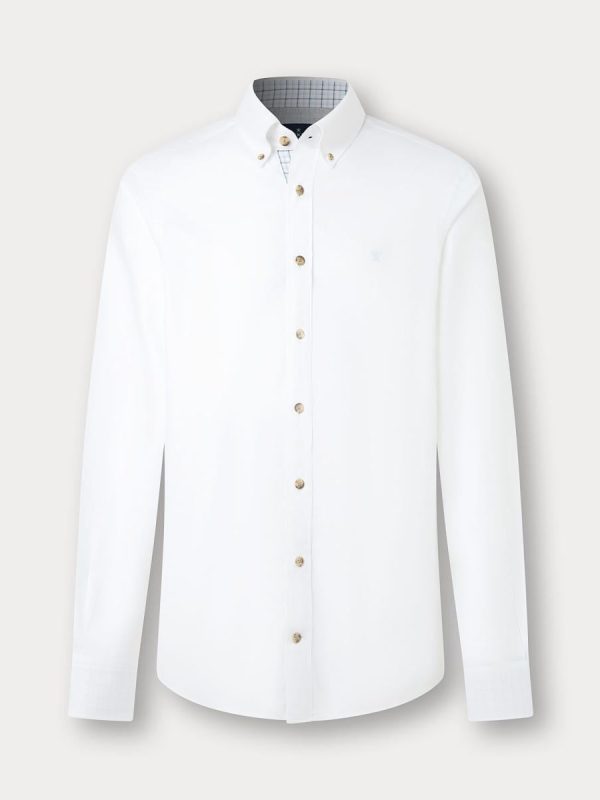 Camisa de hombre franela múltiples ribetes classic fit y logo tallas grandes. - Blanco