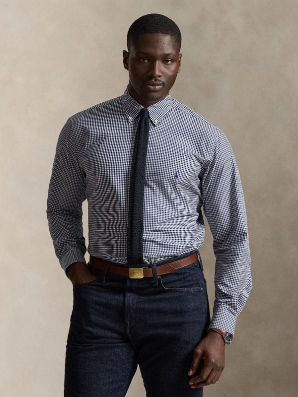 Camisa de hombre de popelina elástica con cuadros Azul marino/Blanco - Azul marino