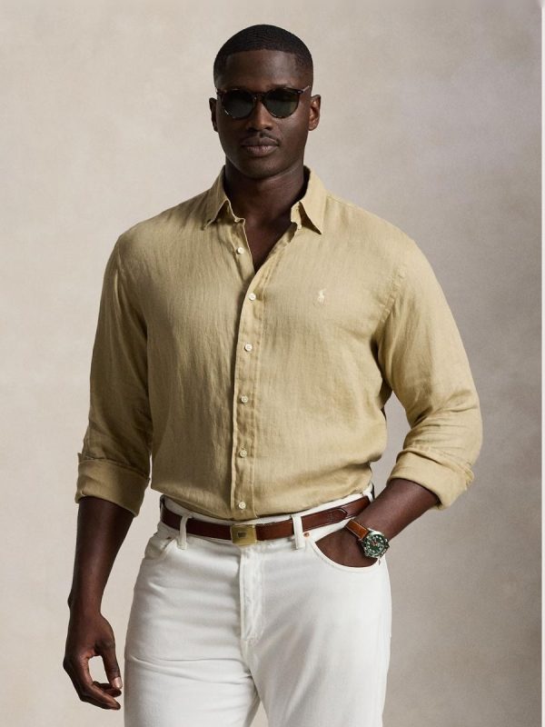 Camisa de lino de hombre Desgastado Mint - Camel