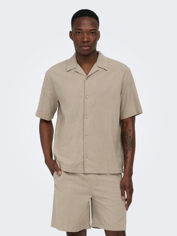 Camisa seersuker de manga corta de hombre - Beige