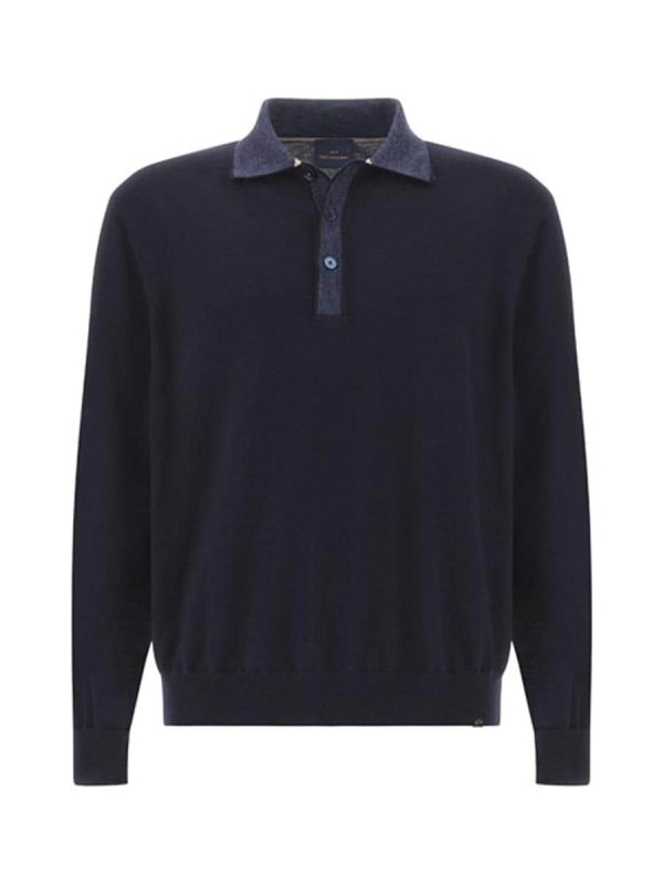 Polo en lana de hombre manga larga regular fit con cuello en constrate - Azul marino
