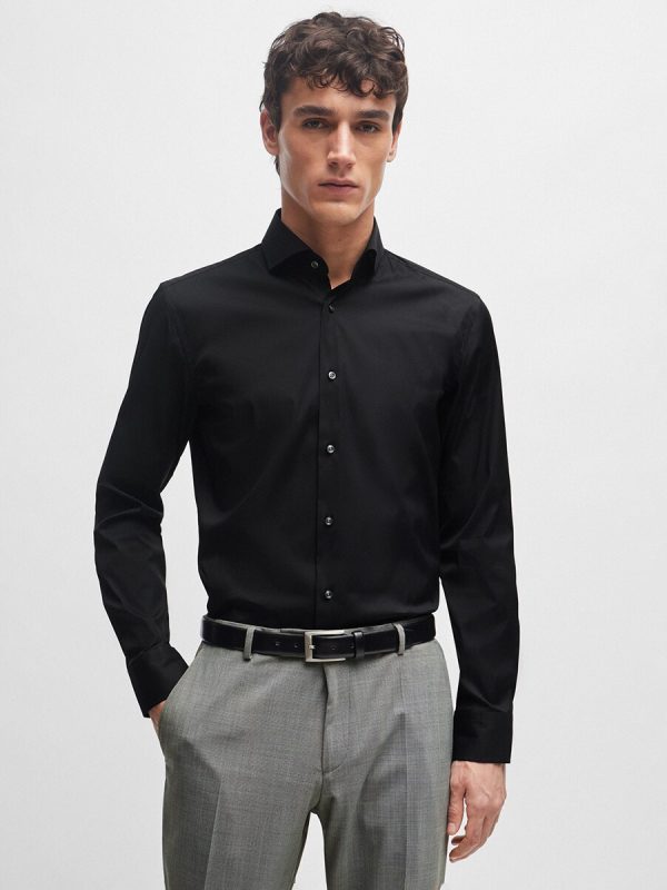 Camisa de hombre slim fit de popelín de mezcla de algodón de planchado fácil - Negro