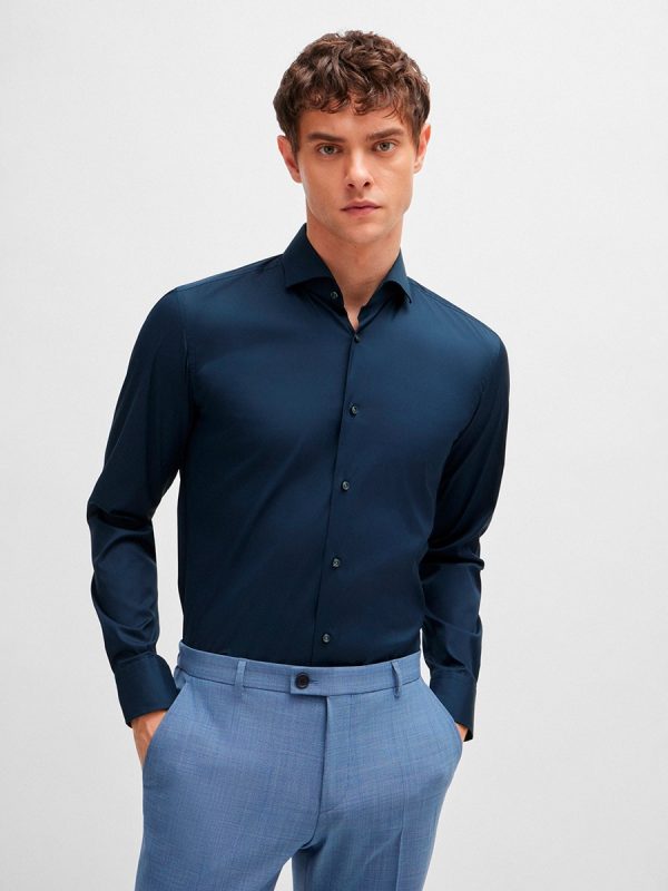 Camisa de hombre slim fit de popelín de mezcla de algodón de planchado fácil - Azul marino