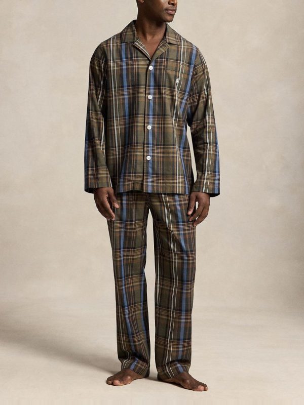 Pijama de hombre largo de algodón con cuadros - Marrón oscuro