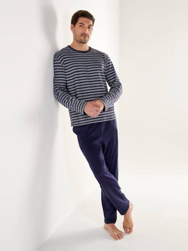 Pijama de punto largo de cuello redondo de algodón de rayas de hombre - Azul marino