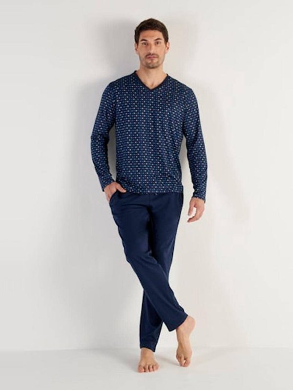 Pijama de punto largo de cuello pico de algodón de topos de hombre - Azul marino