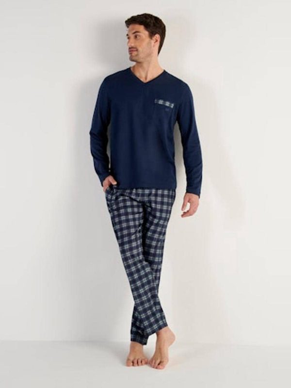 Pijama de punto largo de cuello pico de algodón de cuadros de hombre - Azul marino