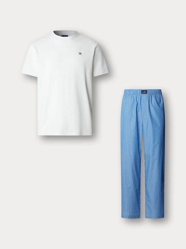 Set de pijama de algodón de hombre con pantalón de rayas. - Azul