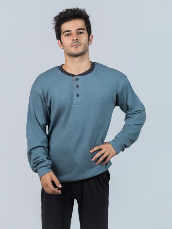 Pijama largo de hombre de Interlock en color turquesa azulado - Azul marino