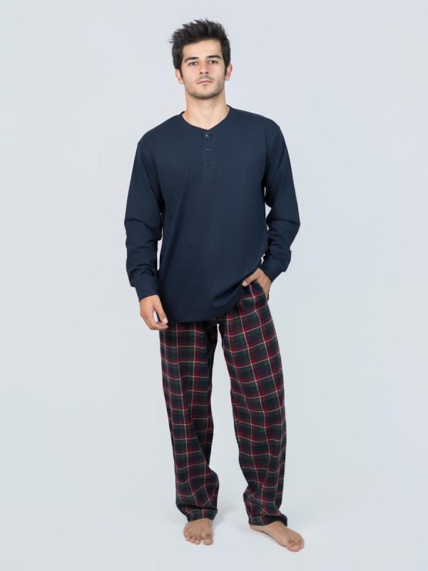 Pijama largo de hombre de punto liso-pantalón popelín color marino - Burdeos
