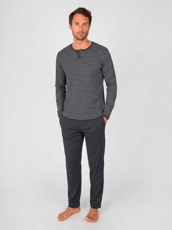 Pijama largo de hombre de punto listado - Gris
