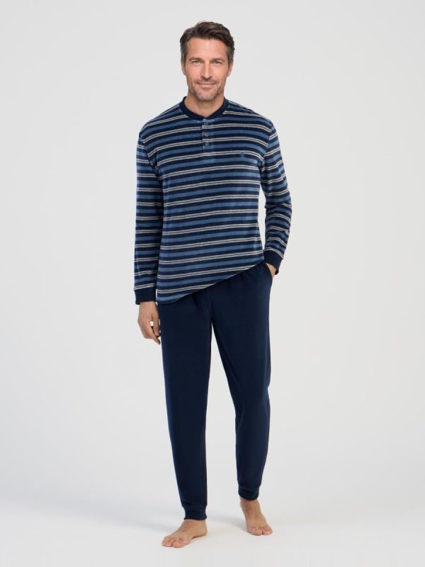 Pijama largo de hombre de terciopelo color azul - Azul marino