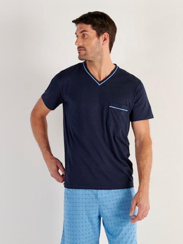 Pijama de punto corto de cuello pico de algodón y modal de hombre - Azul marino