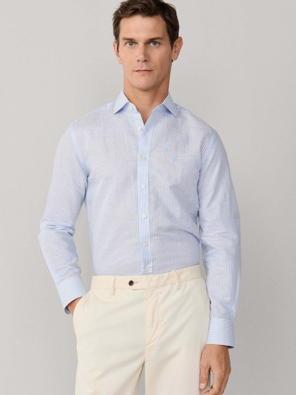 Camisa rayas lino-algodón fit tailored - Azul claro