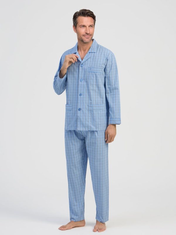 Pijama largo de hombre de tela color - Azul